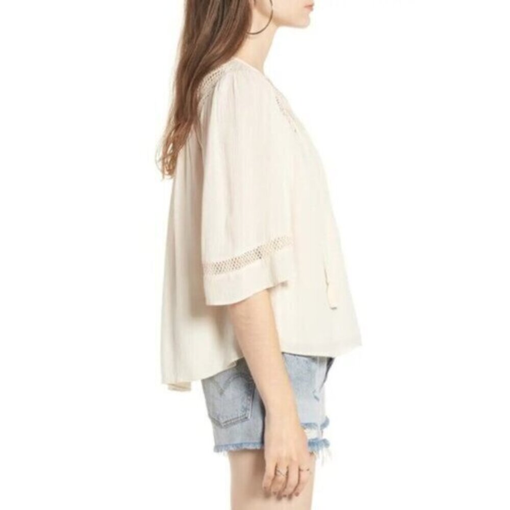 Tularosa Revolve Huxley Top Cream Tassels ties Gauze Crochet Flutter Sleeve - Picture 11 of 15